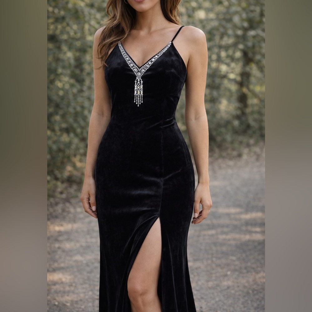 Vintage Algo Velvet Sexy Black Spaghetti Cross Back with Slit Size 4